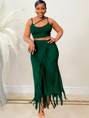 Sleeveless Strappy Waist-Baring Fringe Maxi Skirt Set