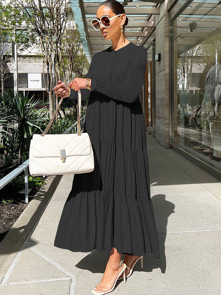 Long Sleeve Solid Ruffle Swing Maxi Dresses