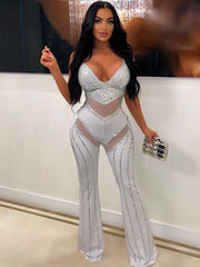 Rhinestone Spaghetti Strap Mesh Patchwork Jumpsuits