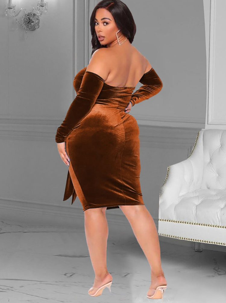 Plus Size Velvet Off Shoulder Midi Dresses