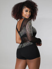 Rhinestone Mesh Patchwork Zip Up Short Jumpsuits