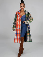 Woolen Long Sleeve Plaid Print Bodycon Coats