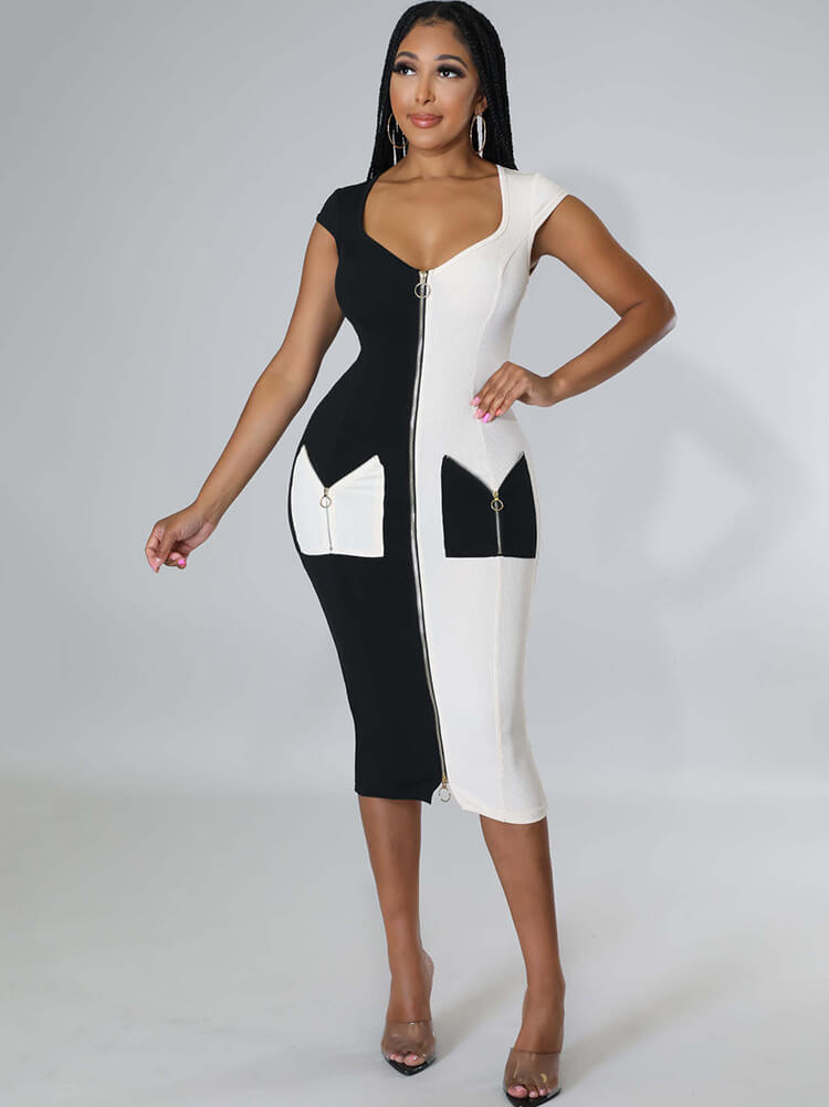 Sleeveless Color Block Bodycon Midi Dresses