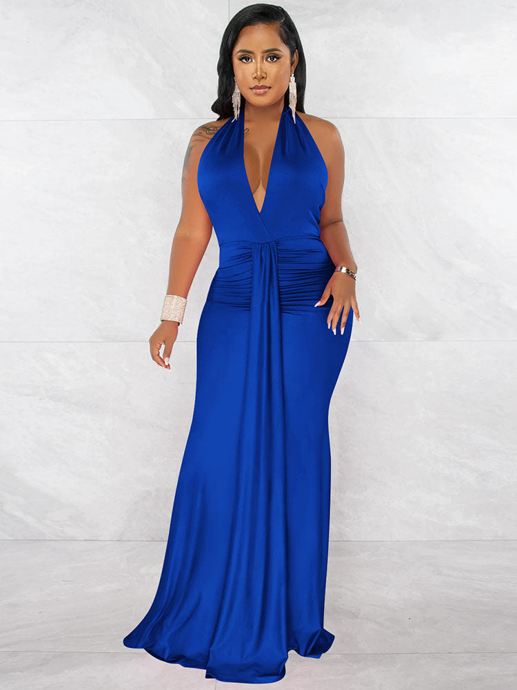 Sleeveless Halter Neck Ruched Bodycon Maxi Dresses