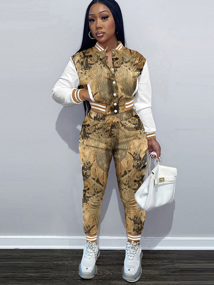 Two Piece Camouflage Print Pant Suits