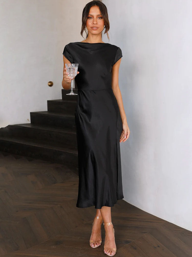 Satin Sleeveless Blackless Midi Dresses