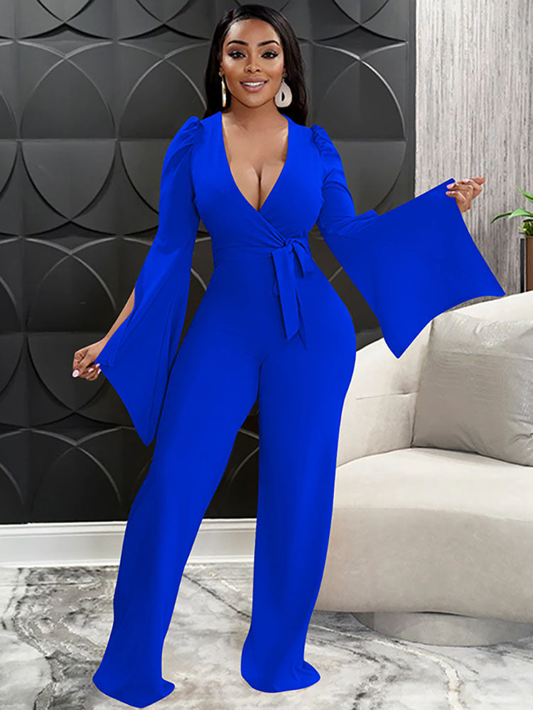 Long Sleeve Tie Up V Neck Jumpsuits