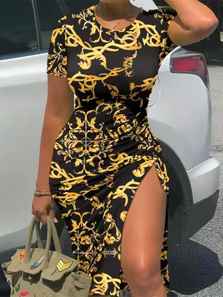 Short Sleeve Print Drawstring Ruched Midi Dress