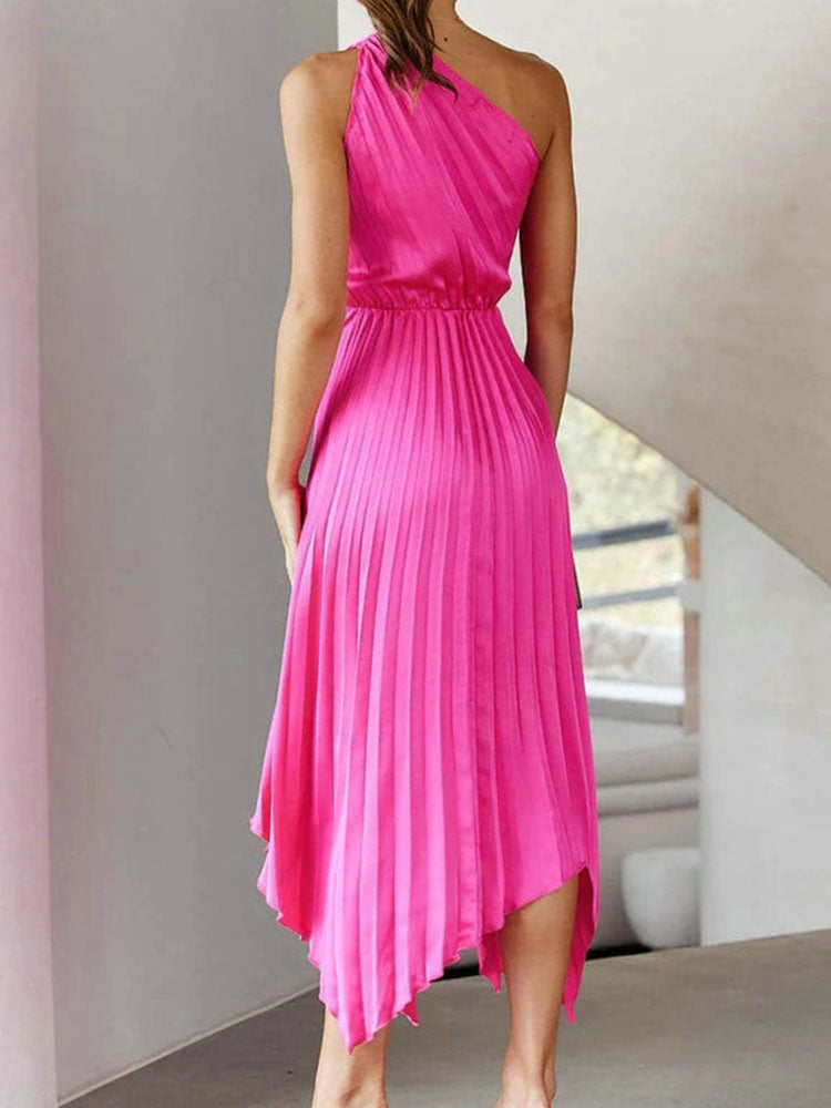 One Shoulder Sleeveless Pleted High Waist Midi Dresses