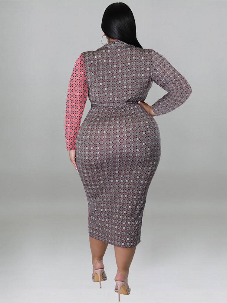 Plus Size Color Block Belted Midi Dresses