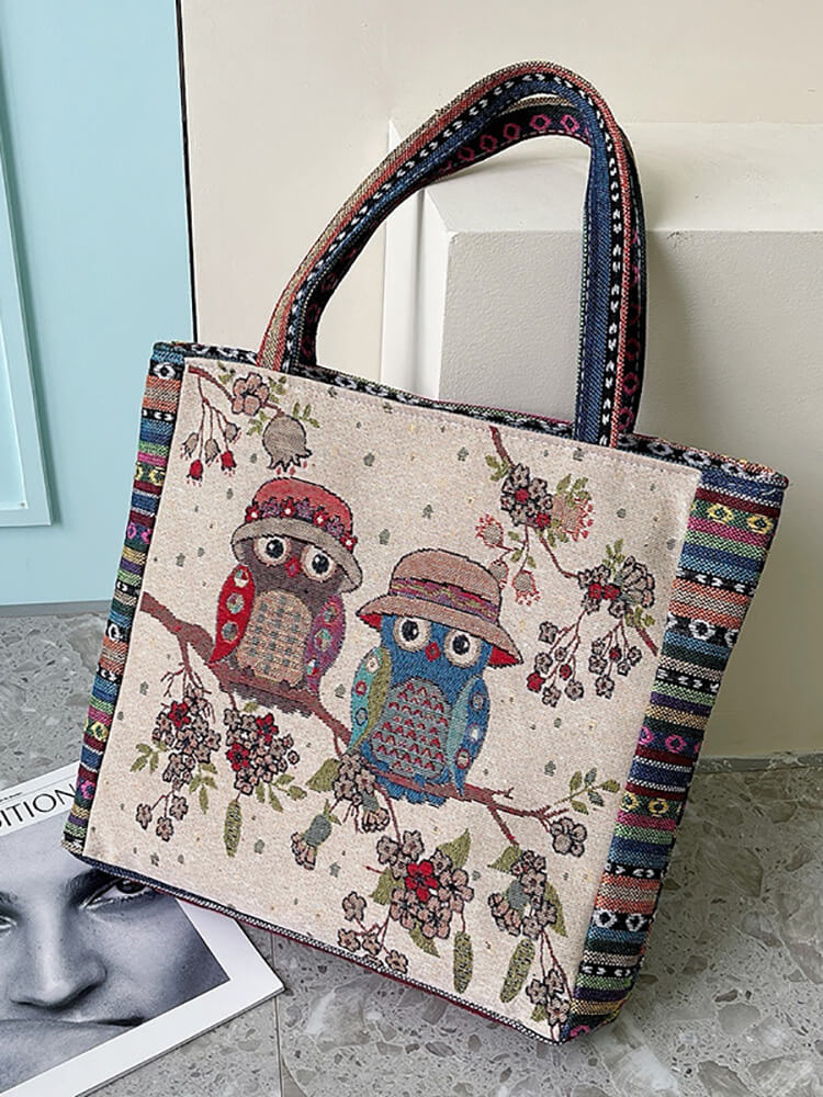 Embroidered Owl Floral Print Shoulder Bag