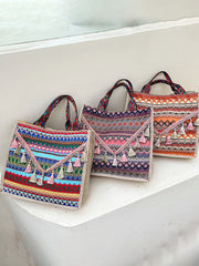 Cotton Linen Tassels Print Tote Shoulder Bags