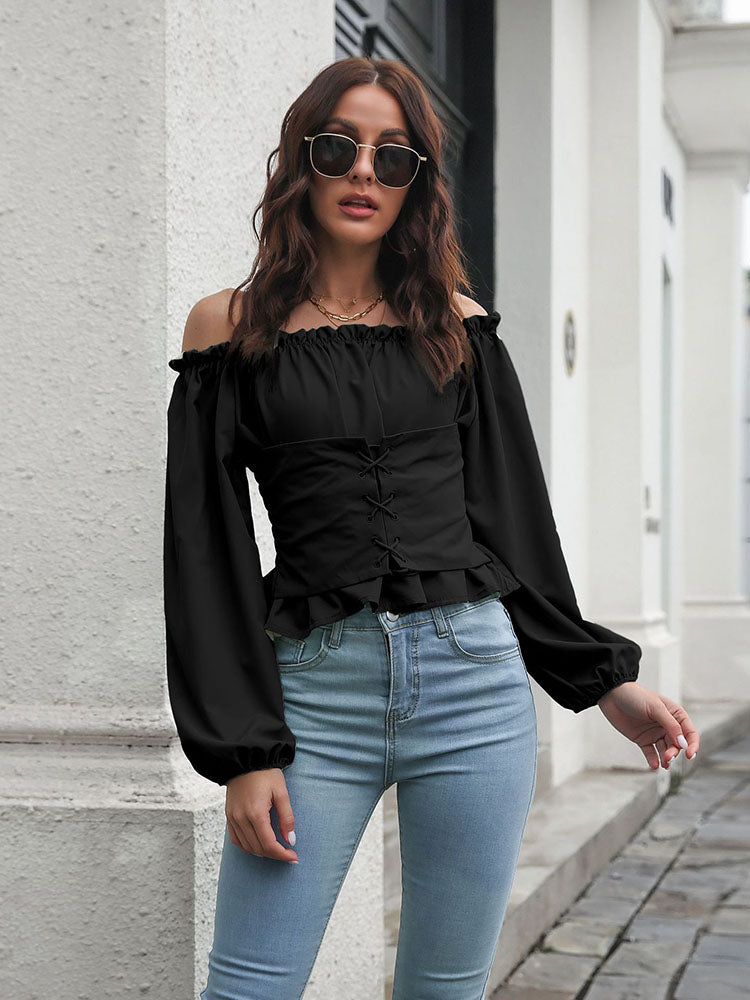 Off Shouler Lantern Sleeve Waist Ruffle Tops