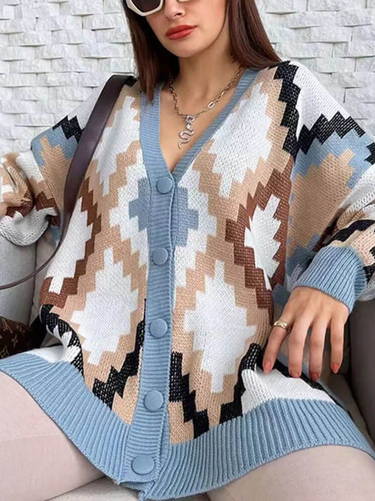 Knit Long Sleeve Color Block Plaid Printed Jackets