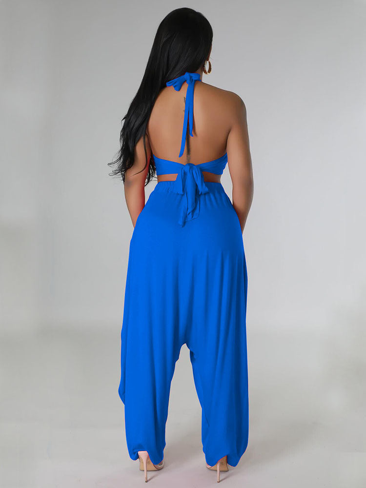 Tie Up Backless Crop Top & Harem Long Pants