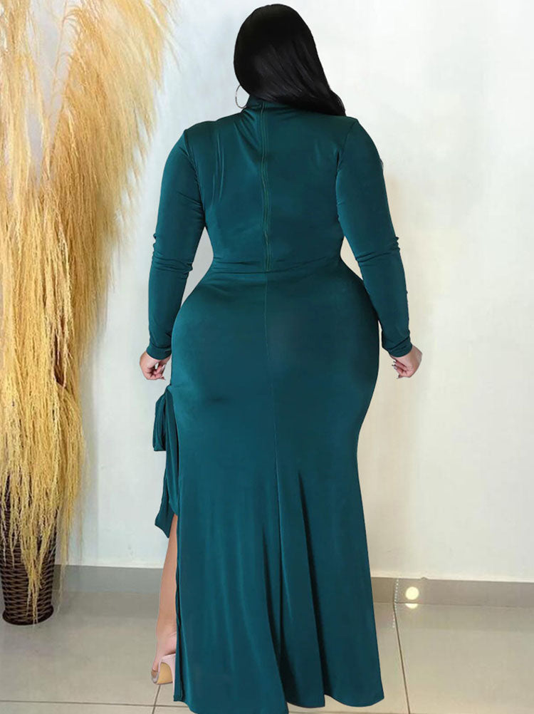 Plus Size Long Sleeve Lace Up Split Maxi Dresses