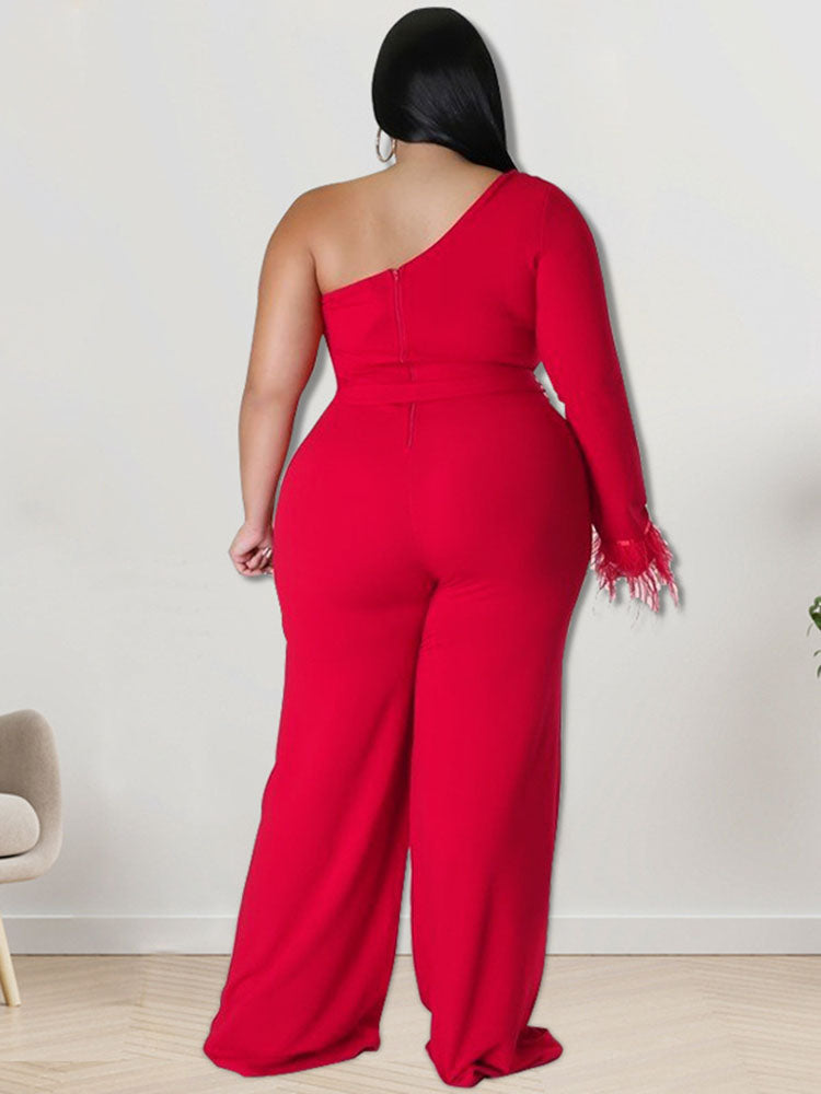 Plus Size One Shoulder Belted Wide Leg Jumpsuits