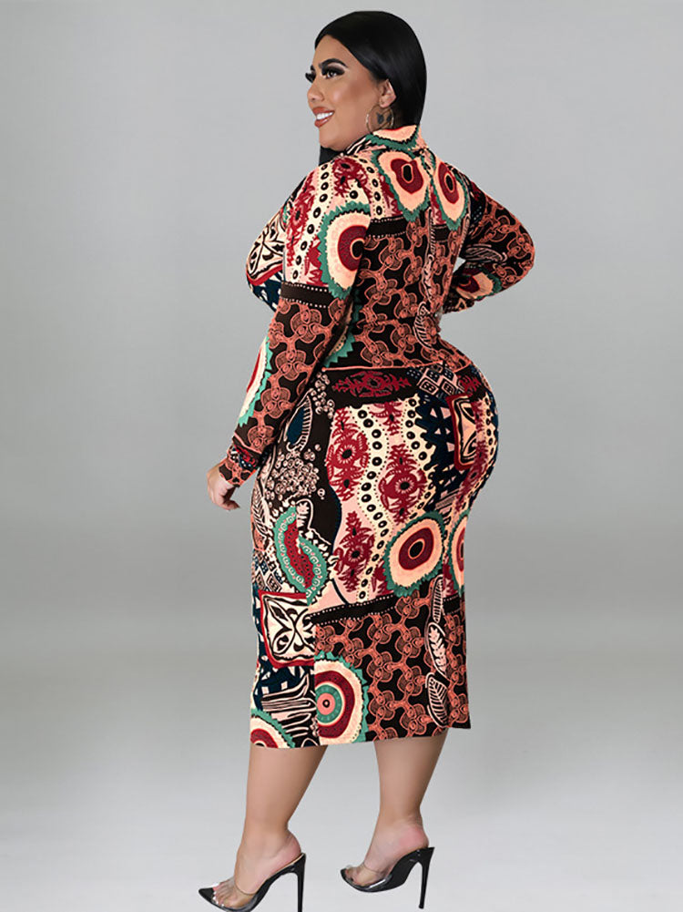 Plus Size Long Sleeve Lapel V Neck Midi Dresses