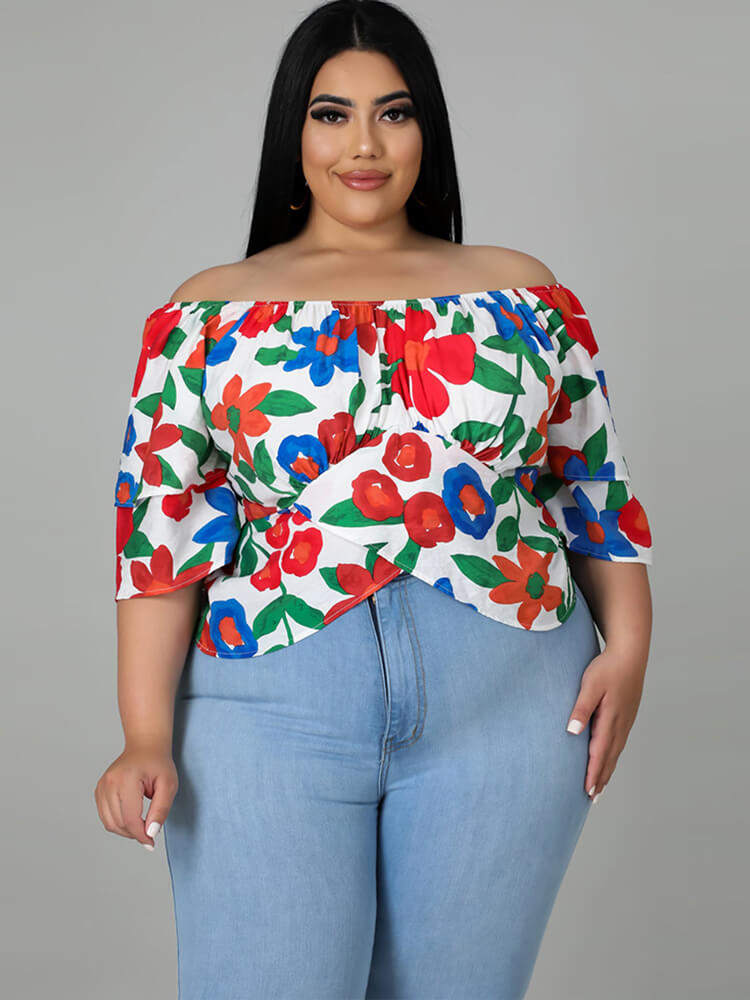 Plus Size Short Sleeve Floral Print Crop Top