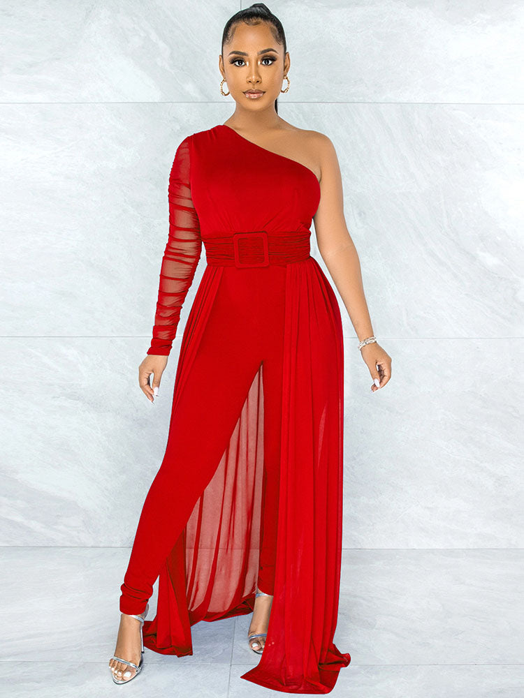 One Shoulder Mesh Patchwork Belted Jumpsuits