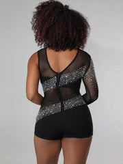 Rhinestone Mesh Patchwork Zip Up Short Jumpsuits