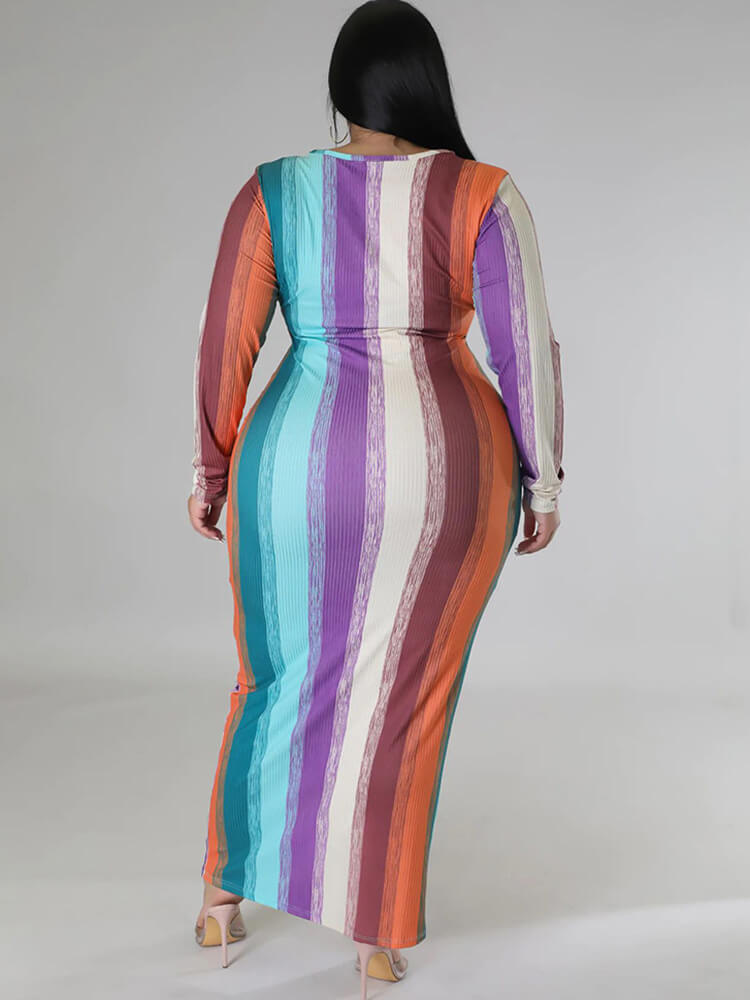 Plus Size Long Sleeve Color Block Maxi Dresses