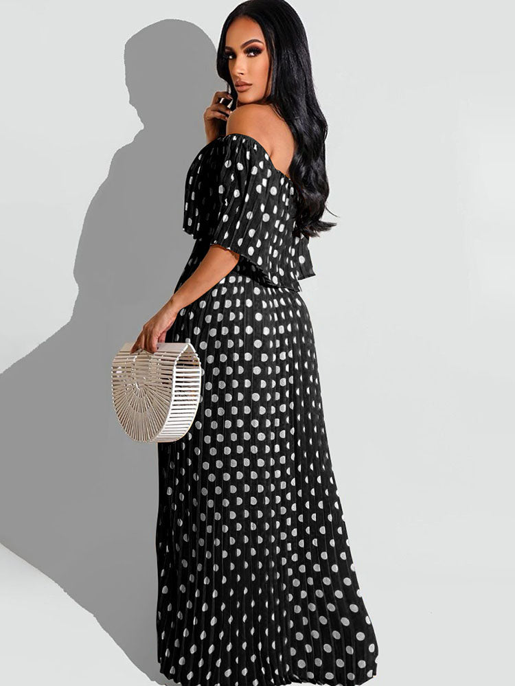 Chiffon Off Shoulder Polka Dot Maxi Dresses