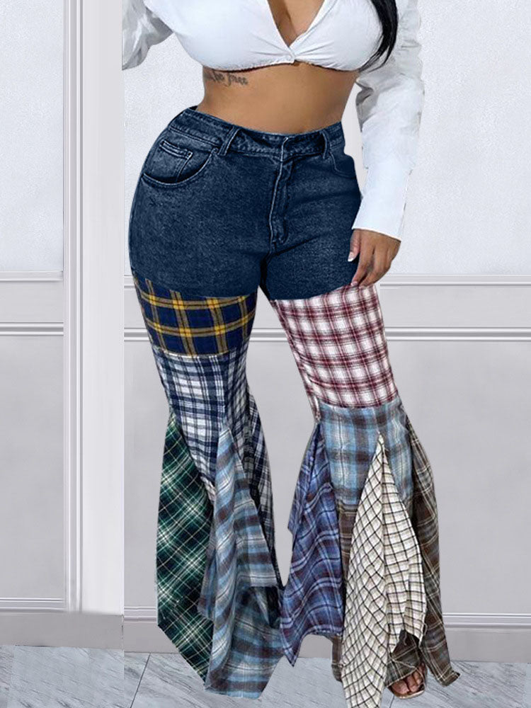 Denim Plaid Print Pacthwork Jeans