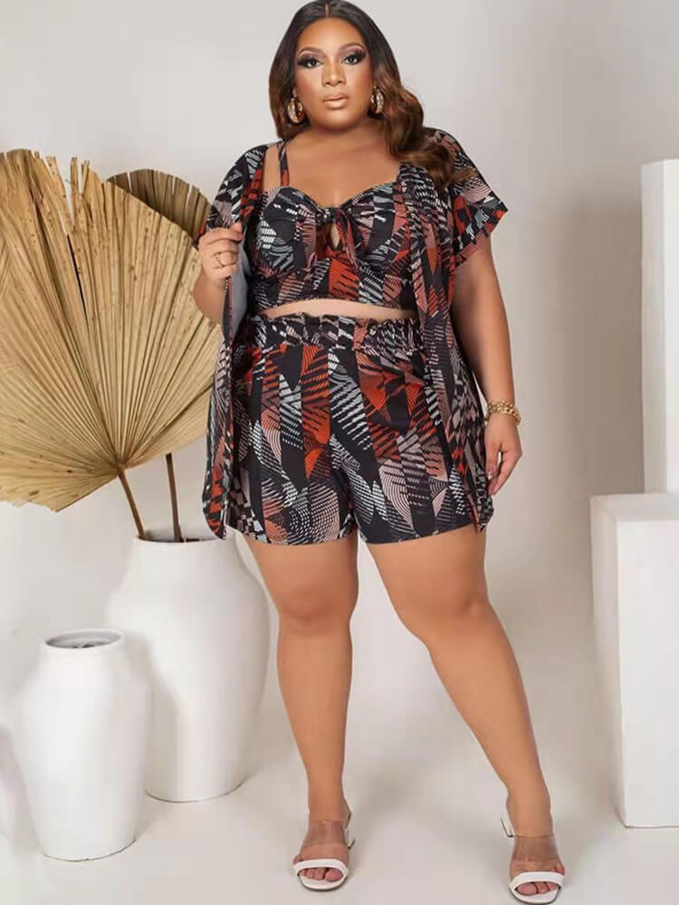 Three Piece Short Sleeve Floral Print Shorts Sets