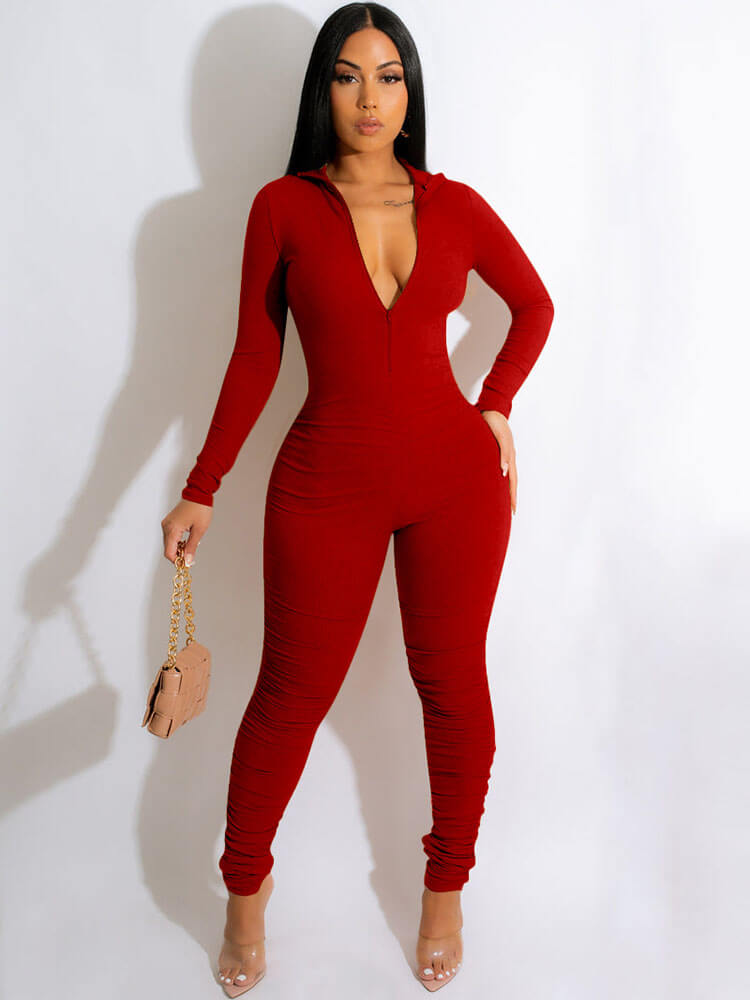 V Neck Long Sleeve Zipper Front Bodycon JumpSuits