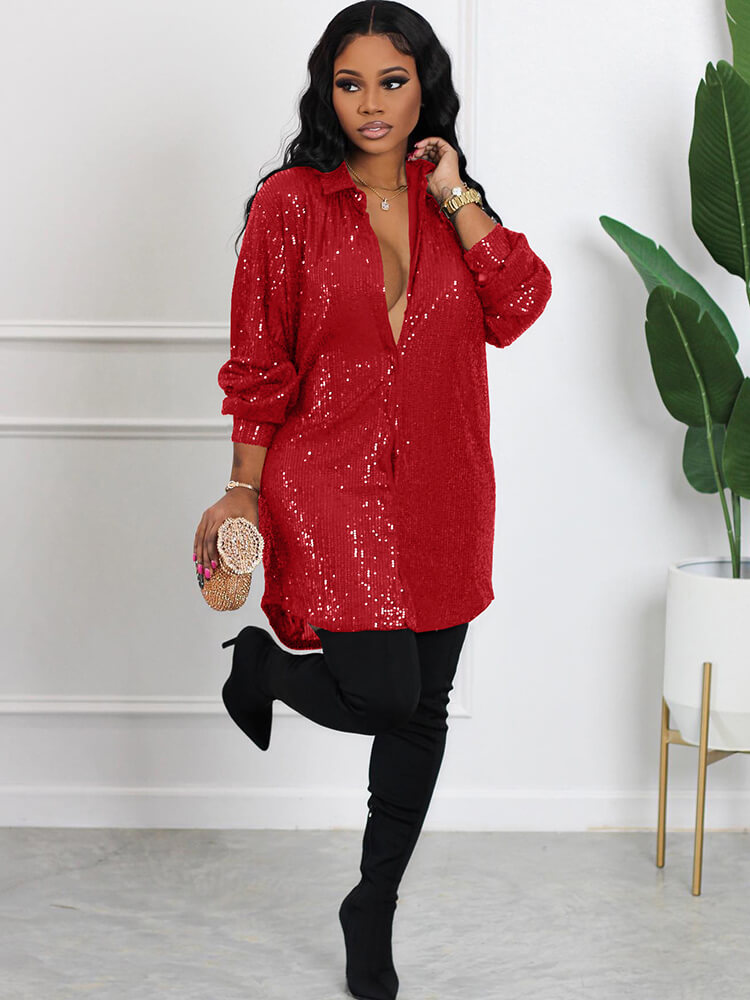 Sequin Patchwork Long Sleeve Bodycon Shirts