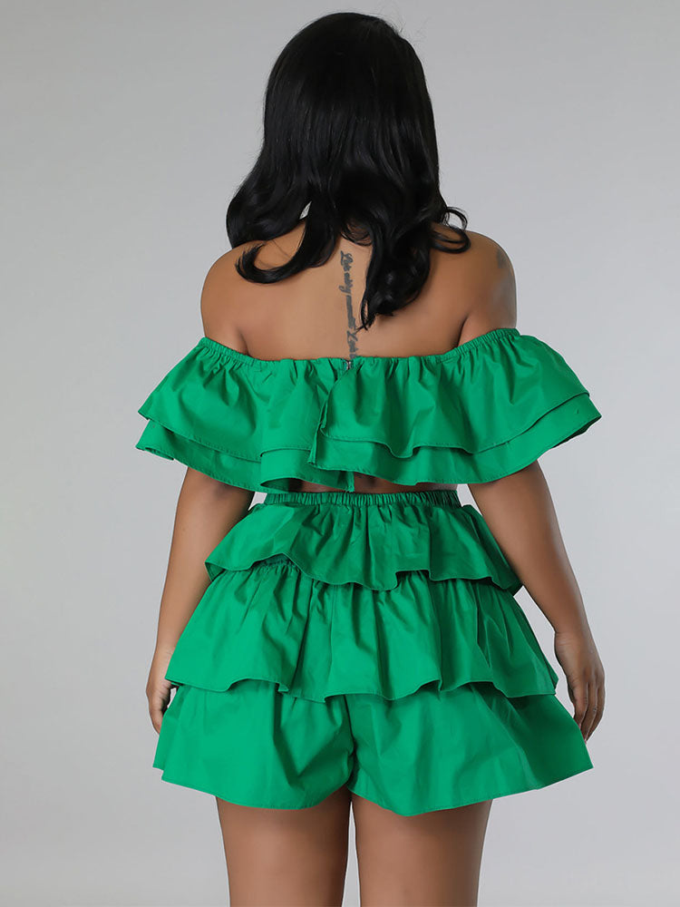 Ruffled Edge Bandeau Crop Top Shorts Set