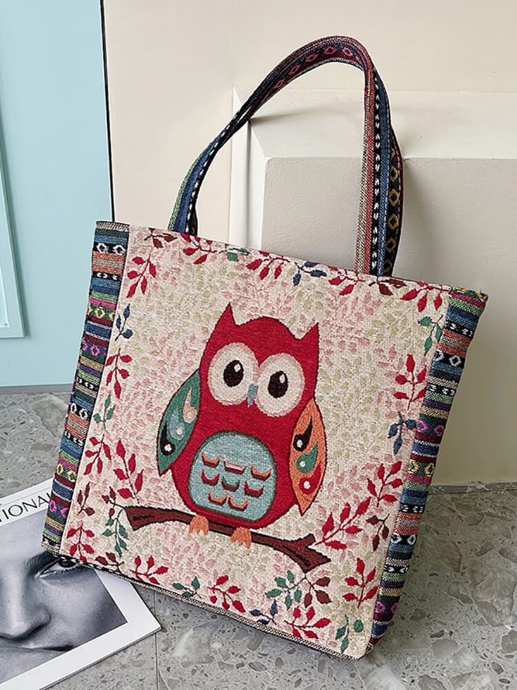 Embroidered Owl Floral Print Shoulder Bag