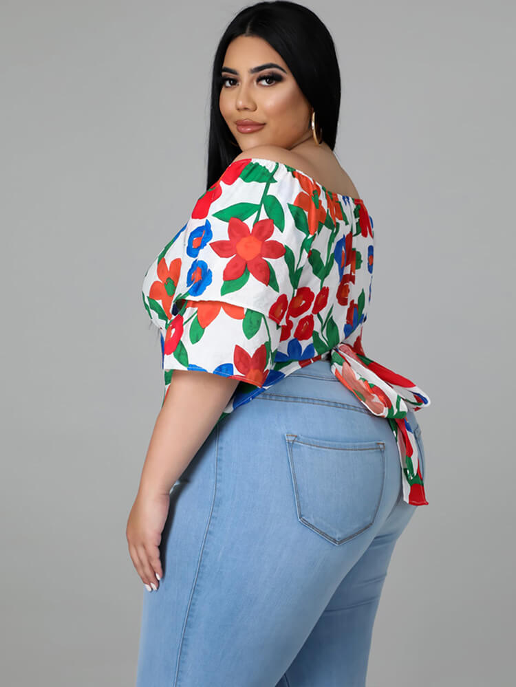 Plus Size Short Sleeve Floral Print Crop Top