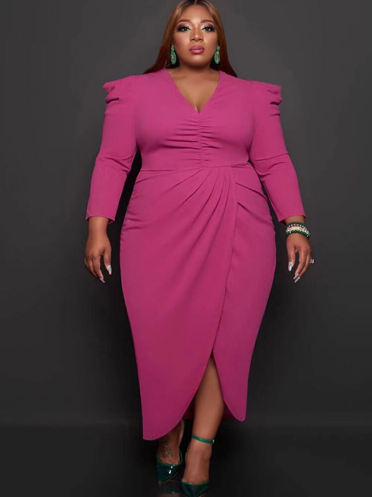 Plus Size Long Sleeve Asymmetrical Midi Dresses