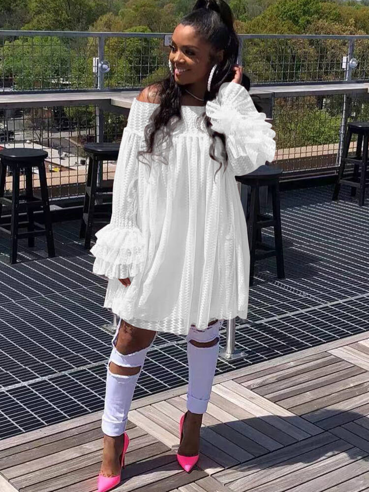 Off Shoulder Long Sleeve Ruffle Mini Dresses