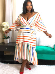 Long Sleeve Off Shoulder Striped Ruffle Dresses