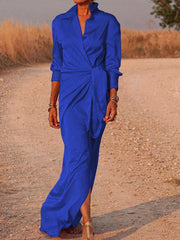 Satin Lapel V Neck Split Maxi Dresses