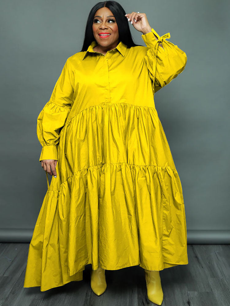 Plus Size Long Sleeves Ruffle Hem Maxi Dresses