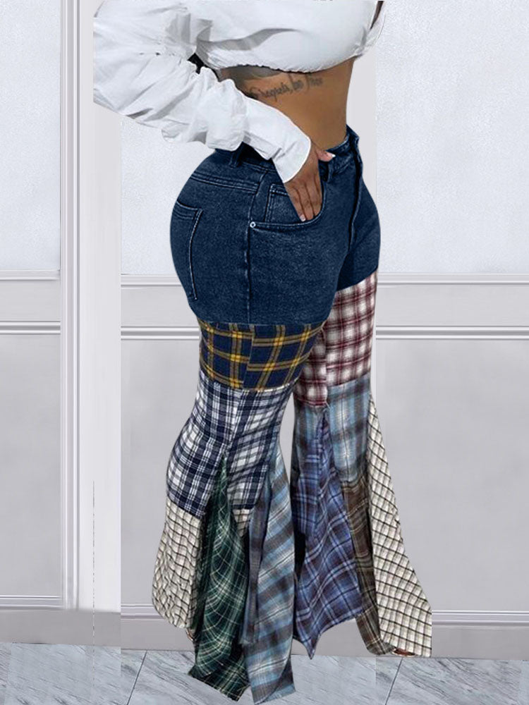 Denim Plaid Print Pacthwork Jeans