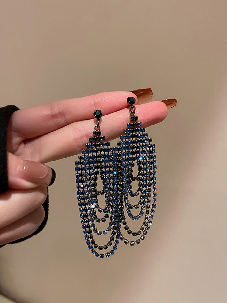 Rhinestone Butterfly Heart Tassel Earrings