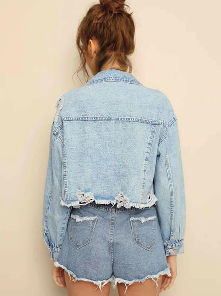 Denim Long Sleeve Ripped Hem Short Jackets