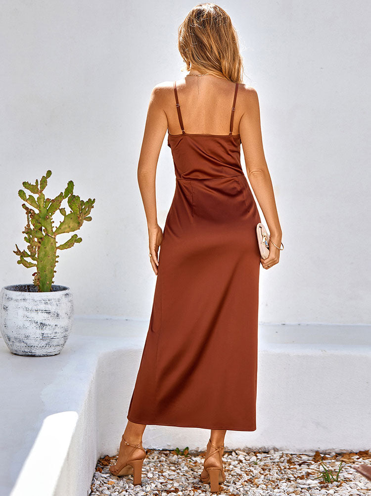 Sleeveless Ruched Side Split Maxi Dresses