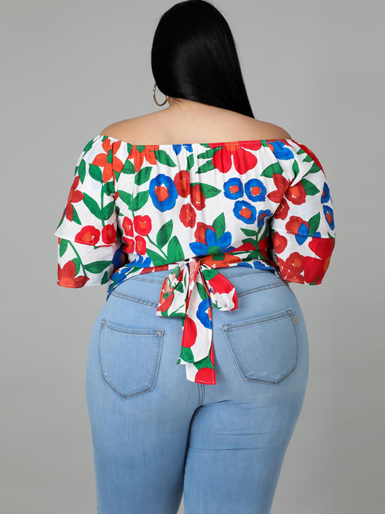 Plus Size Short Sleeve Floral Print Crop Top