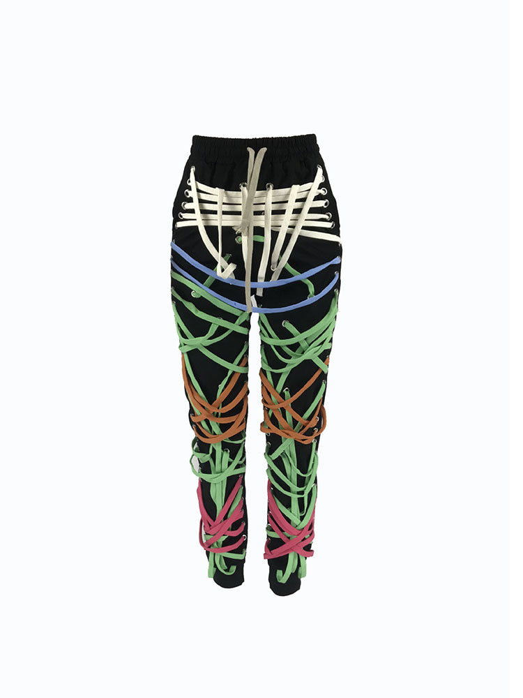 Elastic Waist Colorful Webbing Long Pants