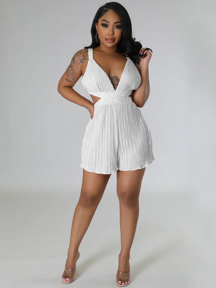 Spaghetti Strap Pleated Backless Cut Out Rompers