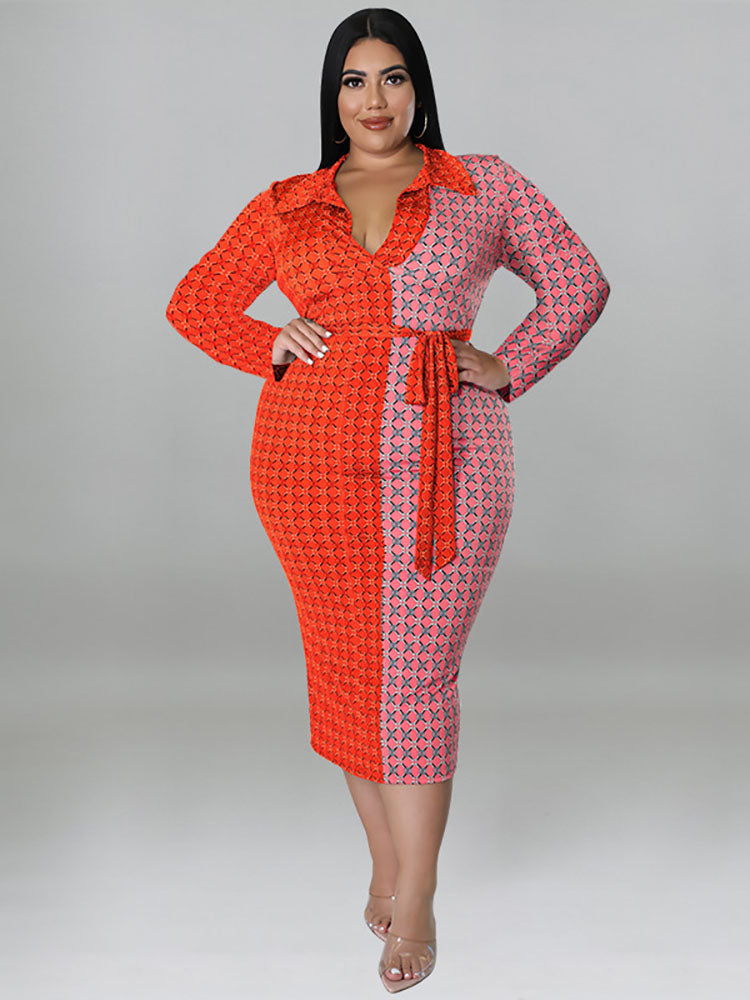 Plus Size Color Block Belted Midi Dresses