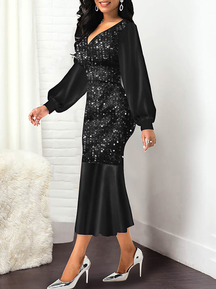 Lantern Sleeve Sequin Patchwork Midi Dresses