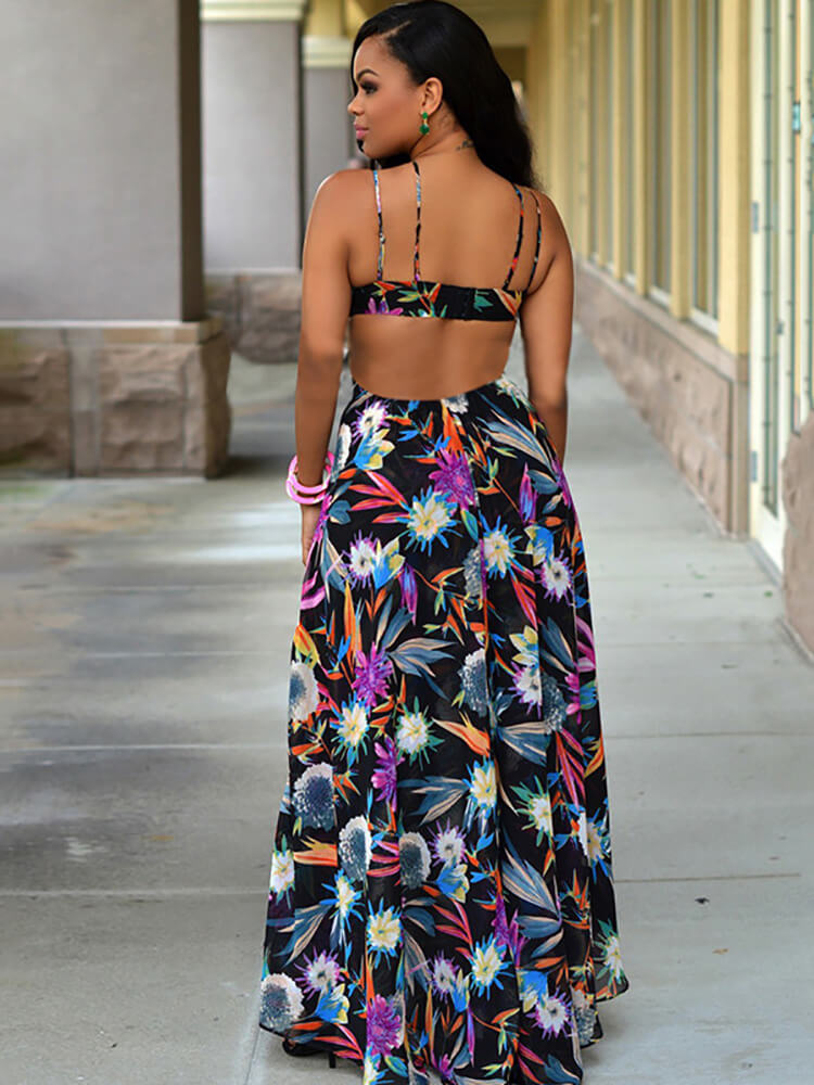 Floral Print Halter Asymmetrical Boho Midi Dress