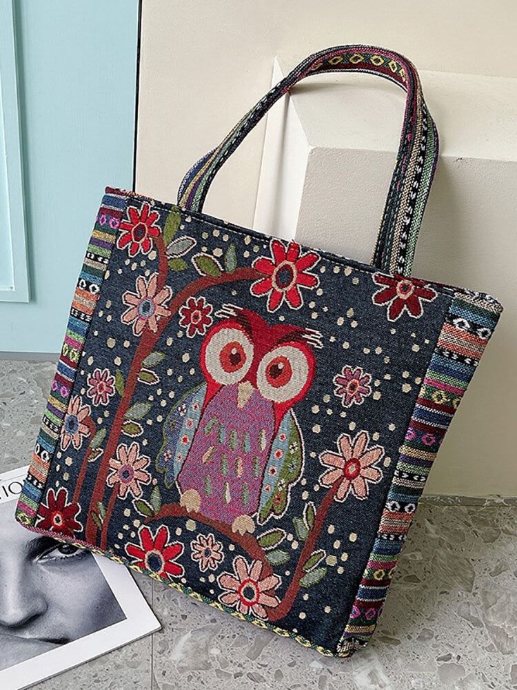 Embroidered Owl Floral Print Shoulder Bag